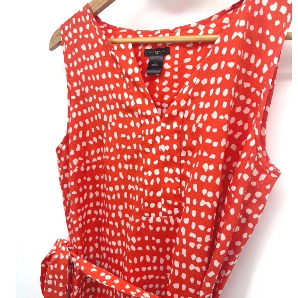 Ann Taylor Shift Womens Dress M Orange White Polka Dot Sleeveless Belted V-Neck